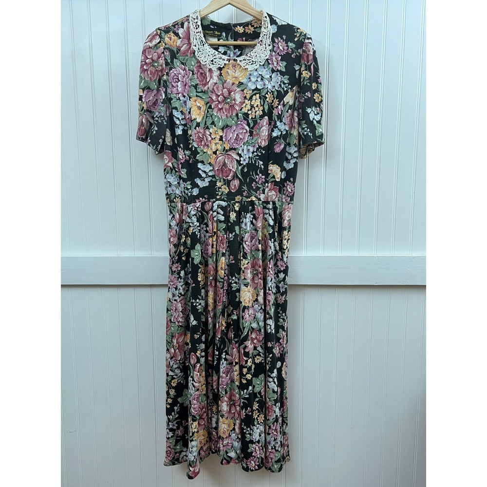 Stuart Alan Vtg Dress Black Floral Cottagecore Modest Lace Collar Puff Sleeve 16